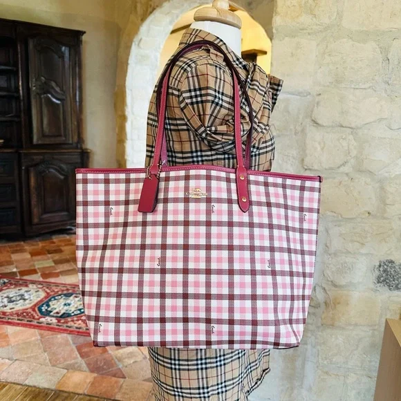 Coach Bags Coach Gingham Plaid Check Reversible Tote Handbag Women Pink Nwt Rare Poshmark